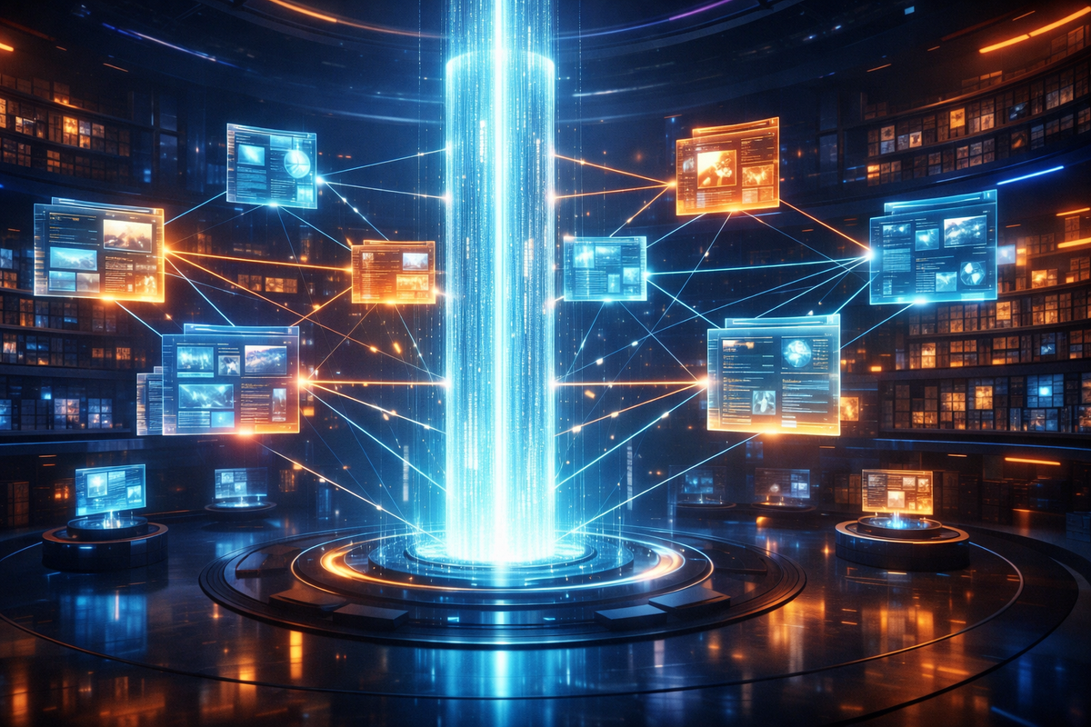 Glowing central hub connected to floating web pages representing topical authority content clusters