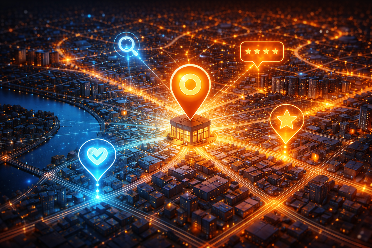 Aerial city view with glowing location pins and review icons representing local SEO visibility