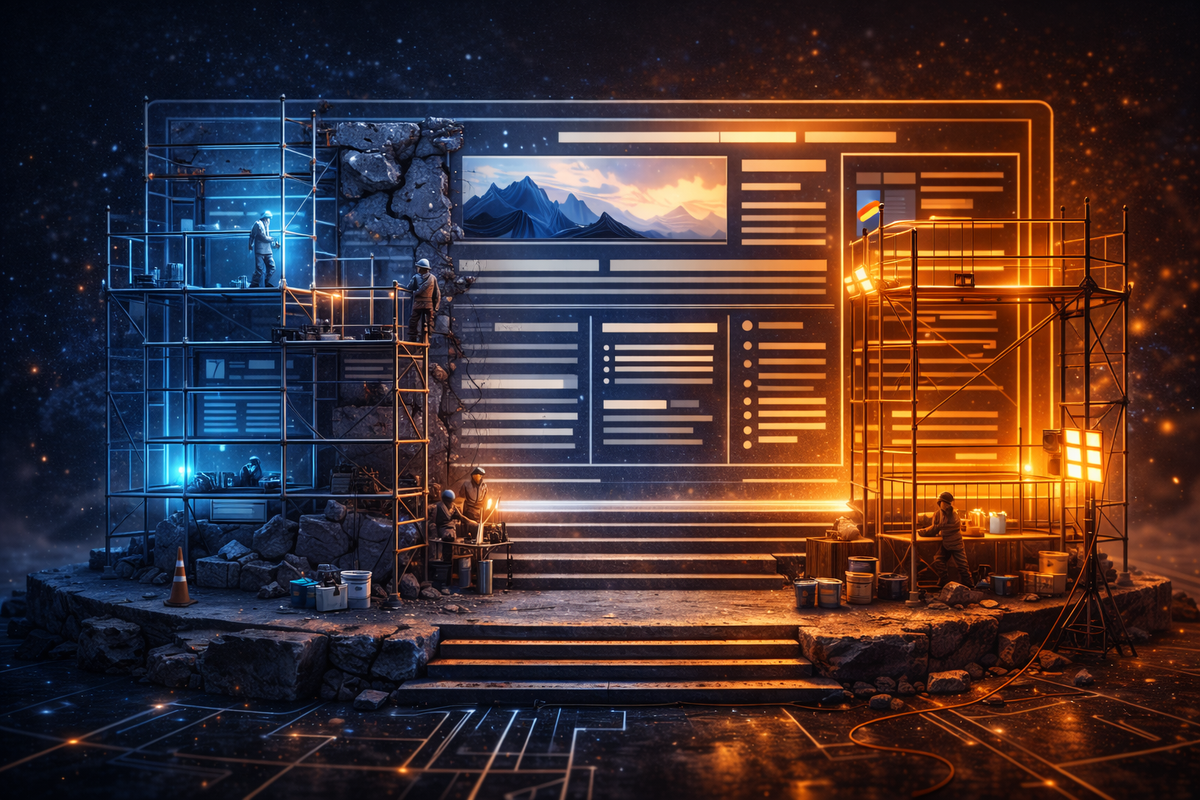 Website being constructed with scaffolding showing transformation from rough build to polished design