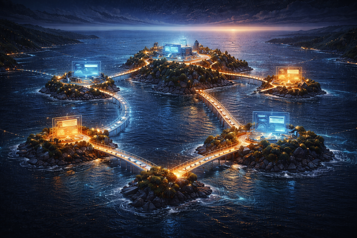 Illuminated bridges connecting islands with glowing screens representing a network of earned links