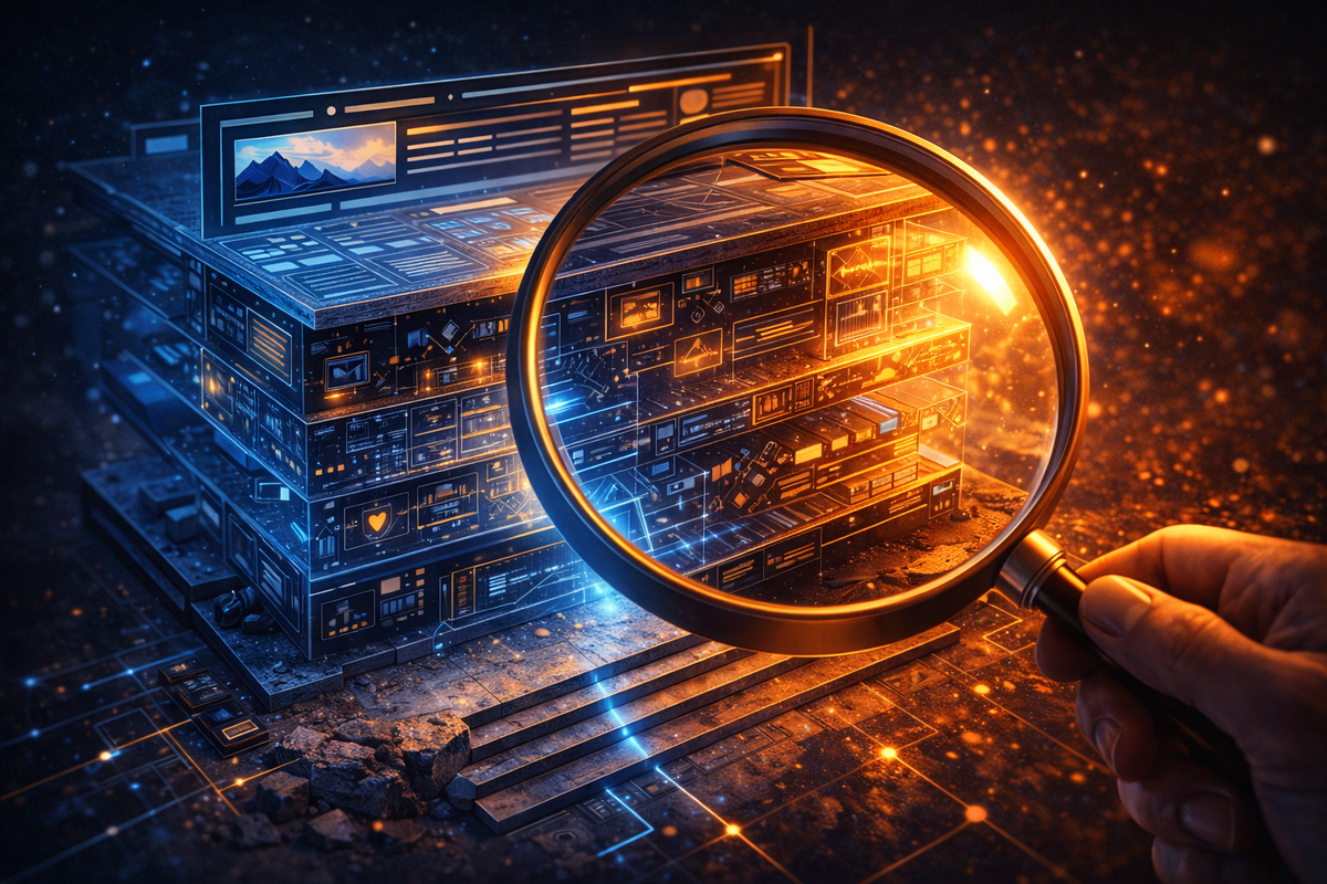 Magnifying glass examining a detailed website structure representing an SEO site audit