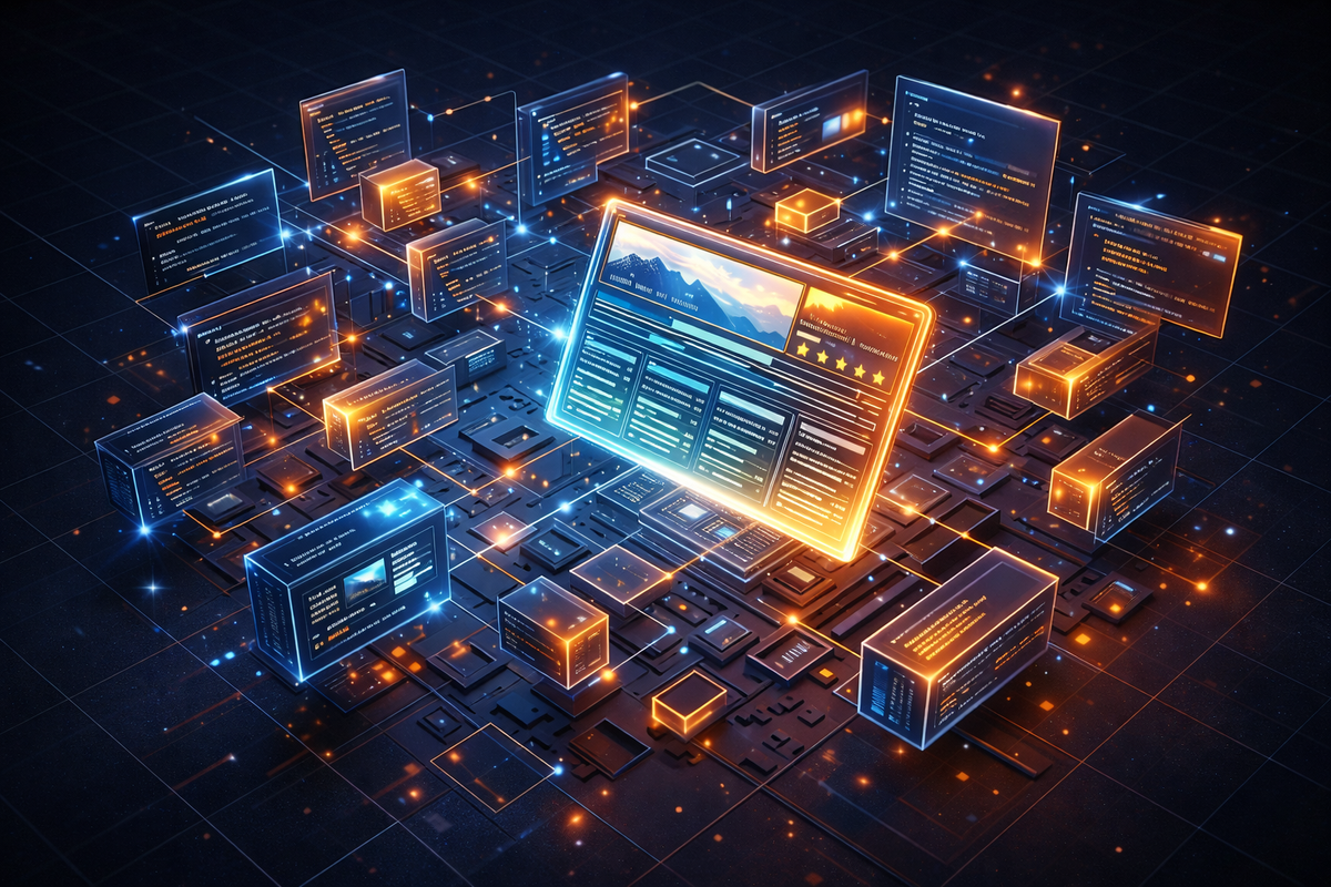 Glowing AI interface surrounded by floating code panels and data blocks representing AI-assisted SEO tools